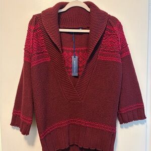 Martin + Osa Burgundy V-Neck Shawl Collar Wool Cotton Sweater